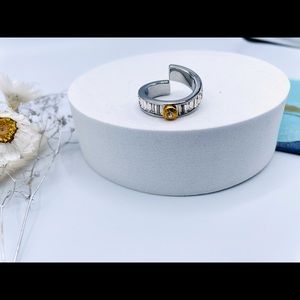 Henri Bendel Silver Tone Crystal Logo Ring Size 7
